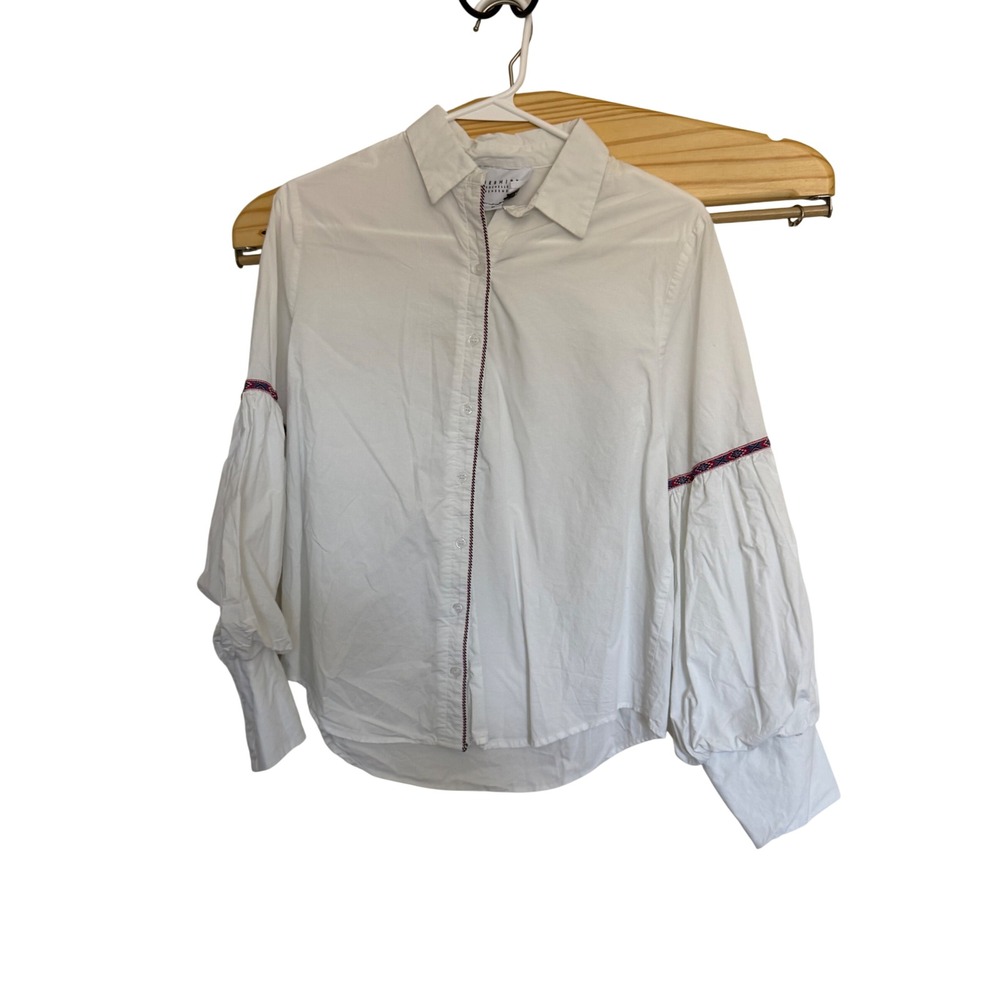The Shirt Rochelle Behrens White Cotton Puff Lantern Sleeve Button Down Top M